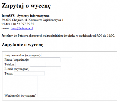 Fragment naszej strony firmowej z wyłączonym CSS-em. Widać nagłówki, linki i formularz, ale nie są ostylowane.